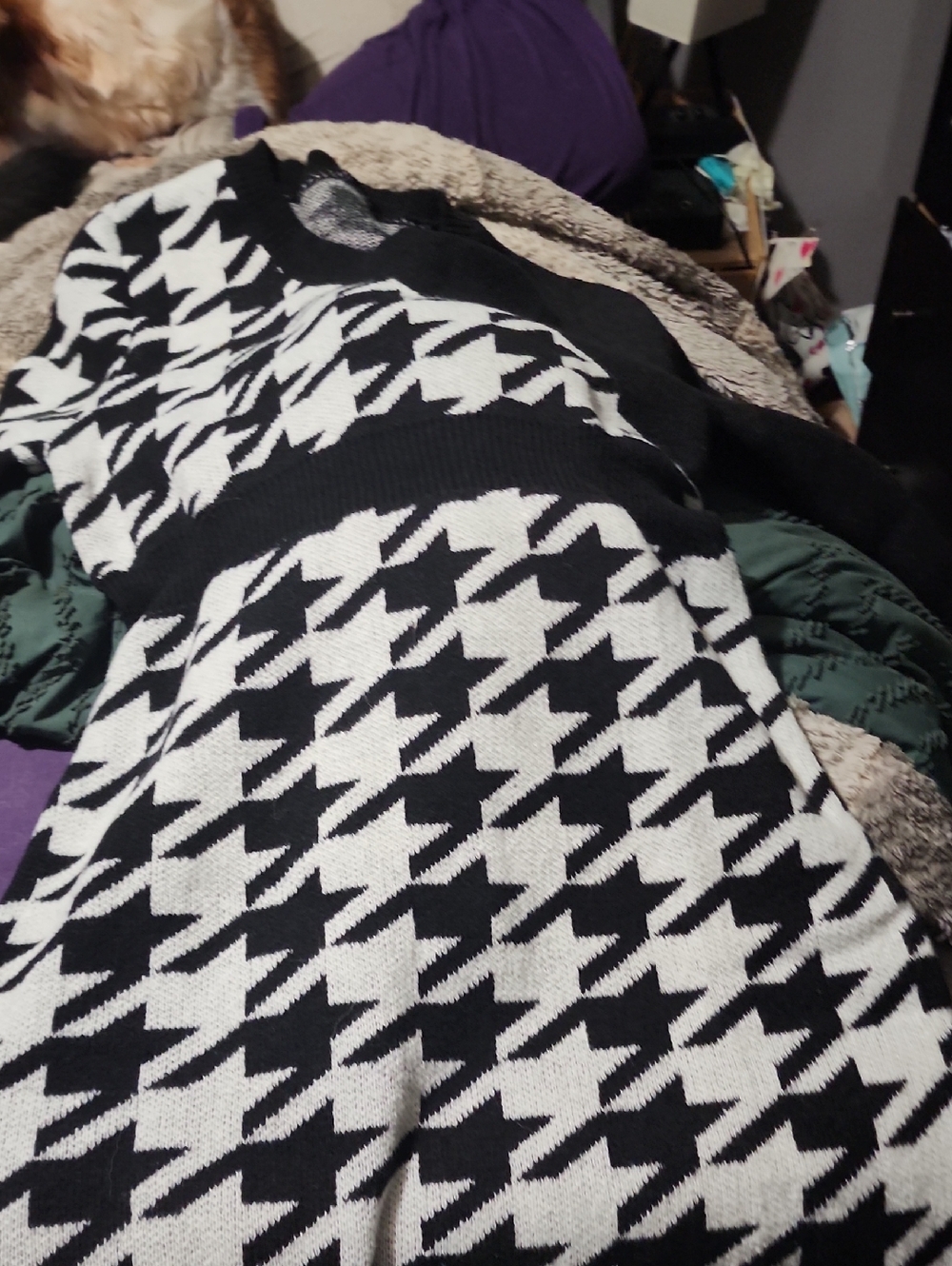 SHEIN Black & White Houndstooth Long Sleeve Dress